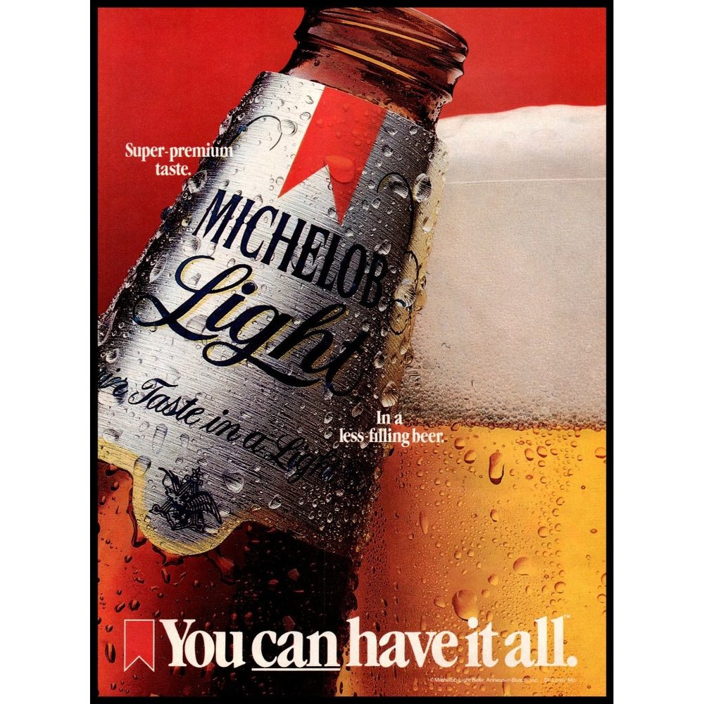 1986 Michelob Light Beer Vintage Print Ad Brown Bottle Man Cave Bar Wall Art